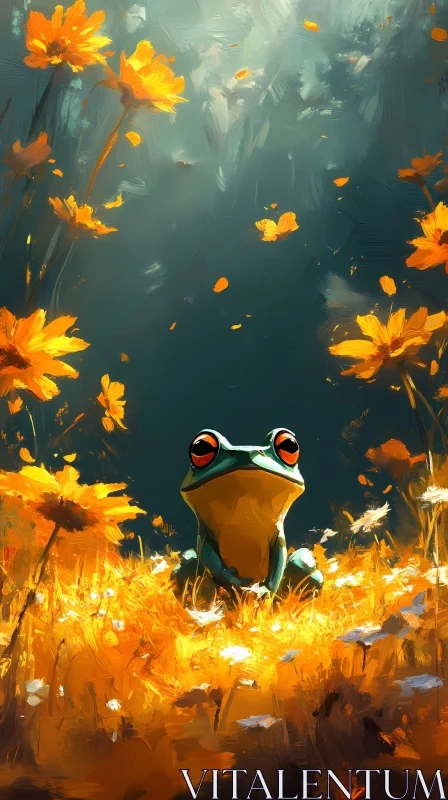 Frog Amidst Yellow Blooms AI Image