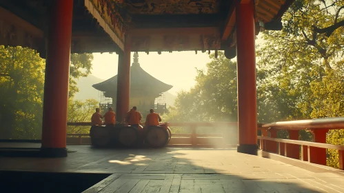 Monks Meditating on Drums at Dawn