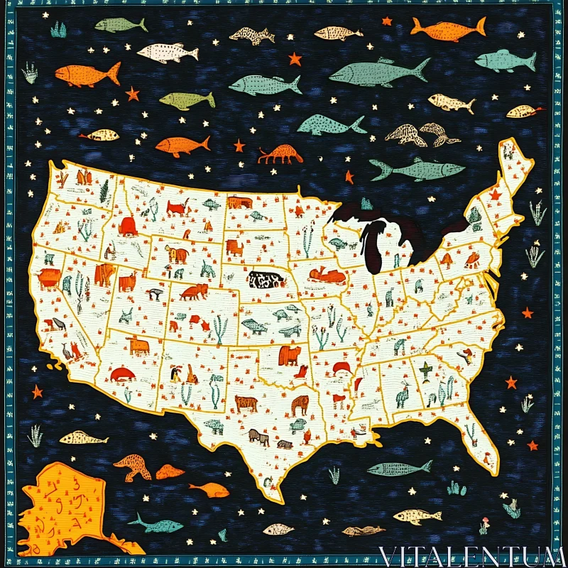 Whimsical Fauna Map of United States AI Image