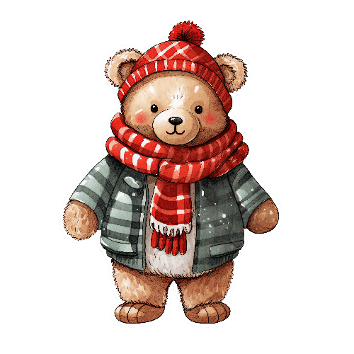 POD Design Friendly Teddy Bear in Winter Outfit - Watercolor Cartoon Illustration