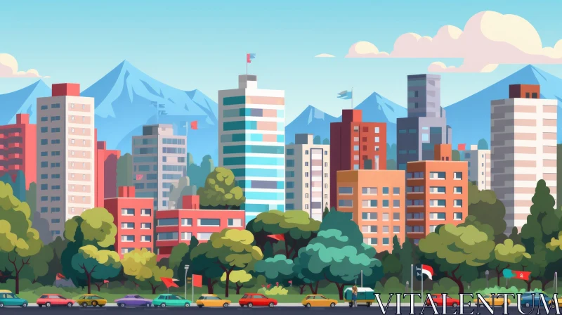 Illustrated Urban Cityscape with Geometric Forms and Mountainous Vistas AI Image