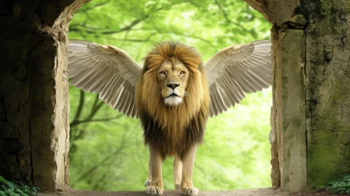 Majestic Lion with Wings in a Forest Archway