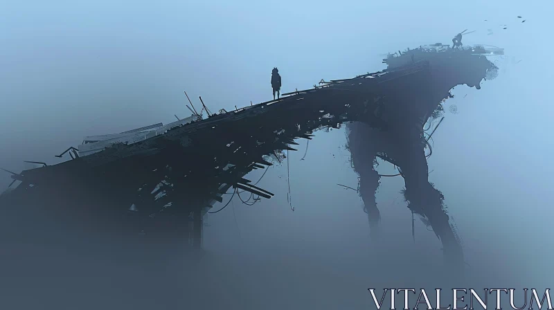 Post-apocalyptic Landscape with Broken Bridge and Mechanical Creature AI Image