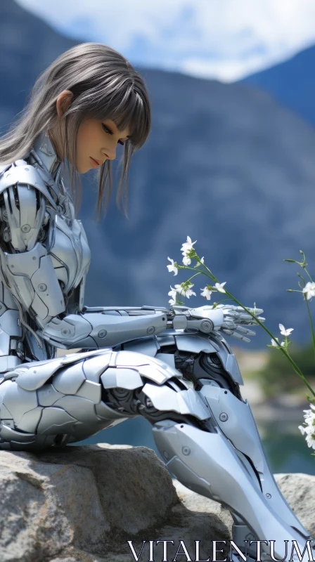 Silver Robotic Woman Amidst Nature: A Fusion of Technology and Romanticism AI Image