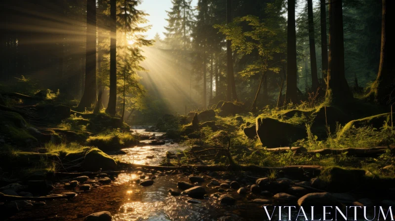 Sunlit Forest Stream - A Captivating Display of Nature's Charm AI Image