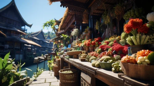 Traditional Chinese Street Market: A Blend of Nature and Urban Landscape