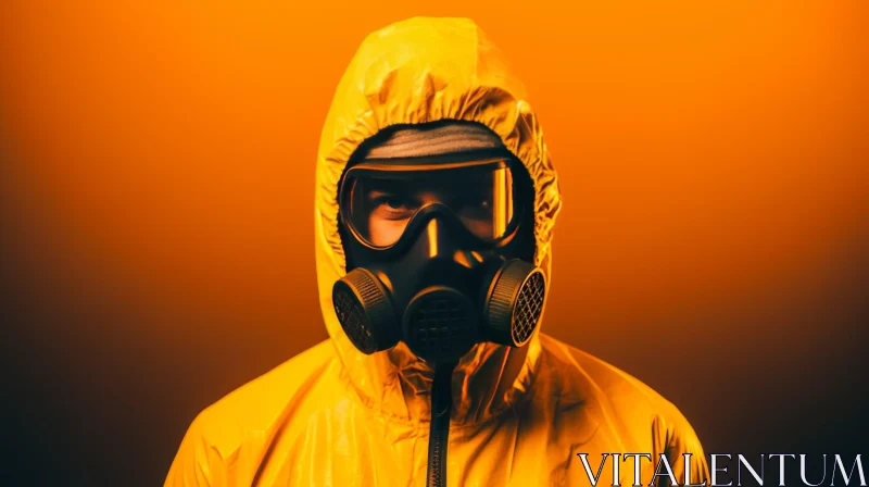 Unique Photograph: Man in Yellow Gas Mask on Orange Background AI Image