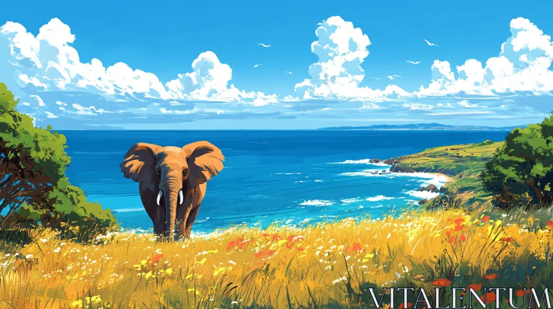 Serene Elephant by the Sea AI Image