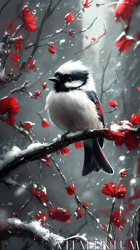 Winter Scene with Bird and Red Flowers AI Image