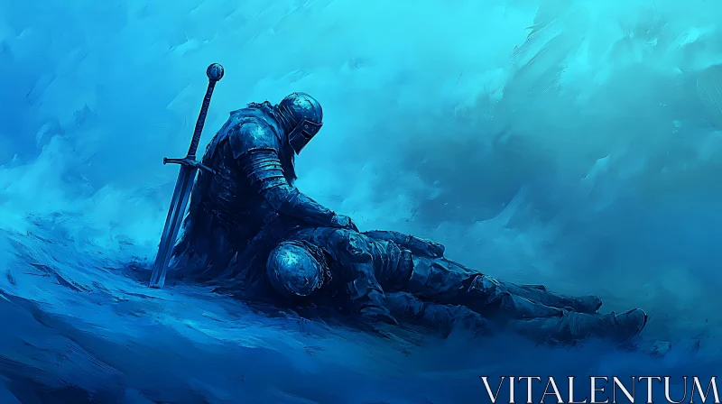 Blue Aftermath: Knight and Fallen Comrade AI Image