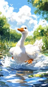 Duck Splashes in Summer Pond