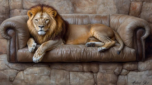 Regal Lion Lounging on a Sofa