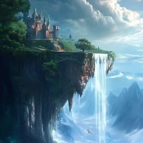 Fantasy Castle on Cliff with Waterfall