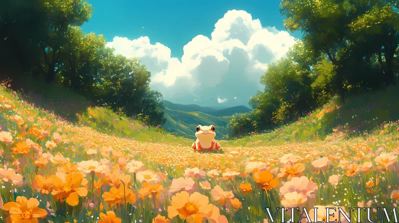 Frog in Blooming Meadow AI Image