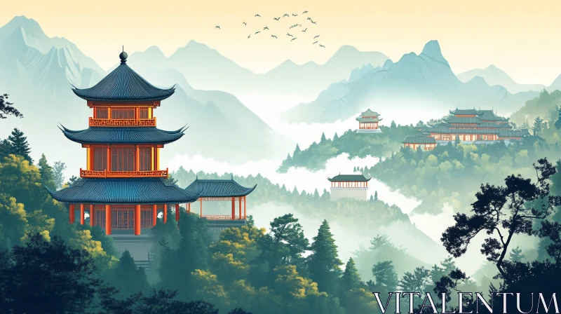 AI ART Mist-Shrouded Pagodas: An Asian Vista