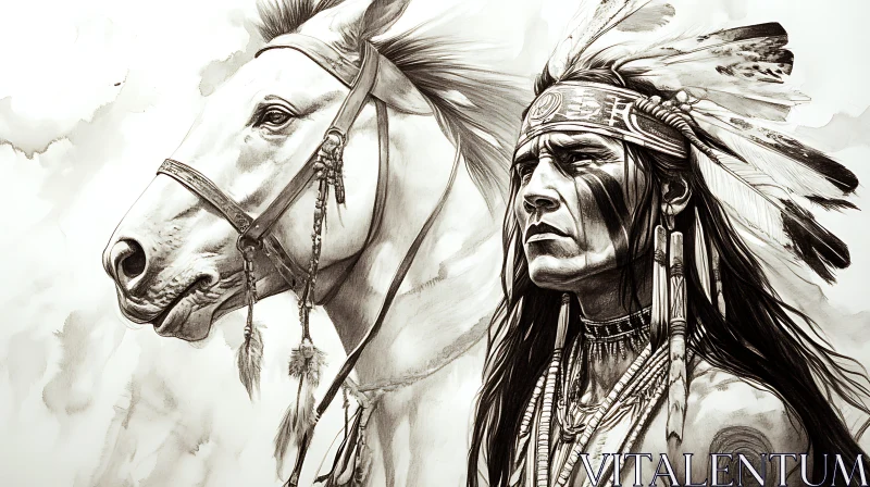 AI ART Native American and Horse Monochrome Art