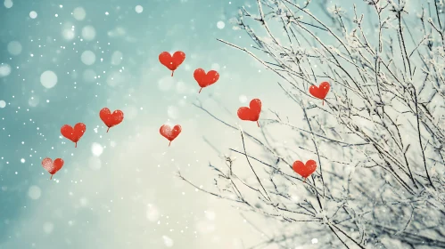 Floating Hearts in Winter Landscape