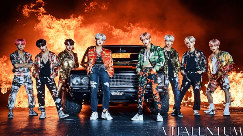 Men's Fashion with Vintage Car on Fire AI Image