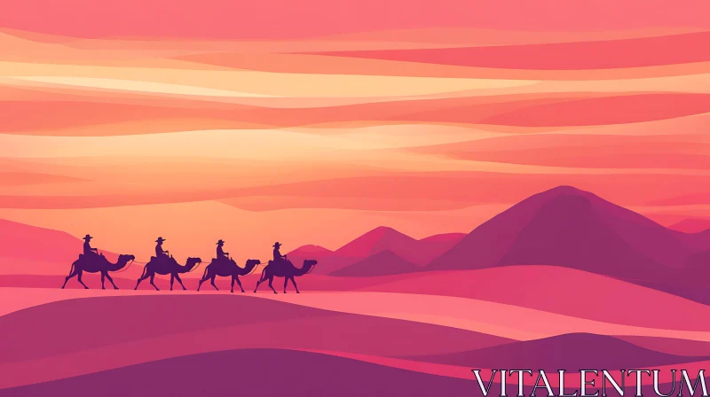 Camels Walking in the Desert Sunset AI Image