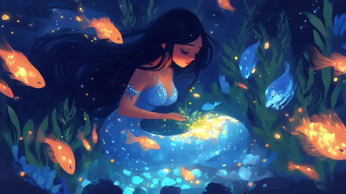 Luminous Mermaid with Glowing Fish