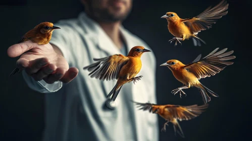 Birds Flying from Man's Hand