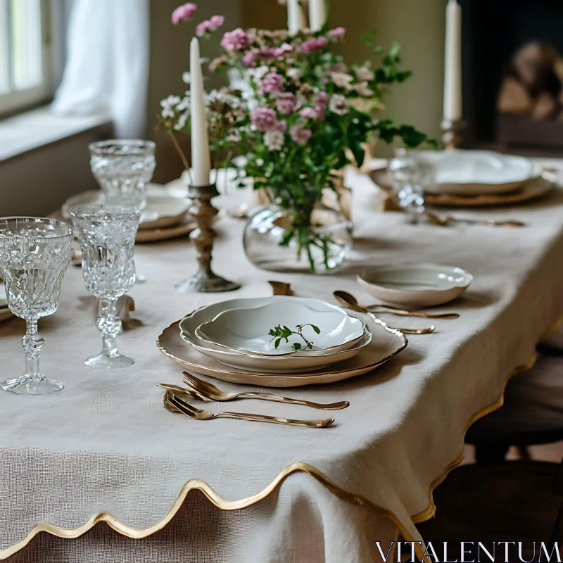 Luxurious Dining Set-Up with Gold and Floral Accents AI Image