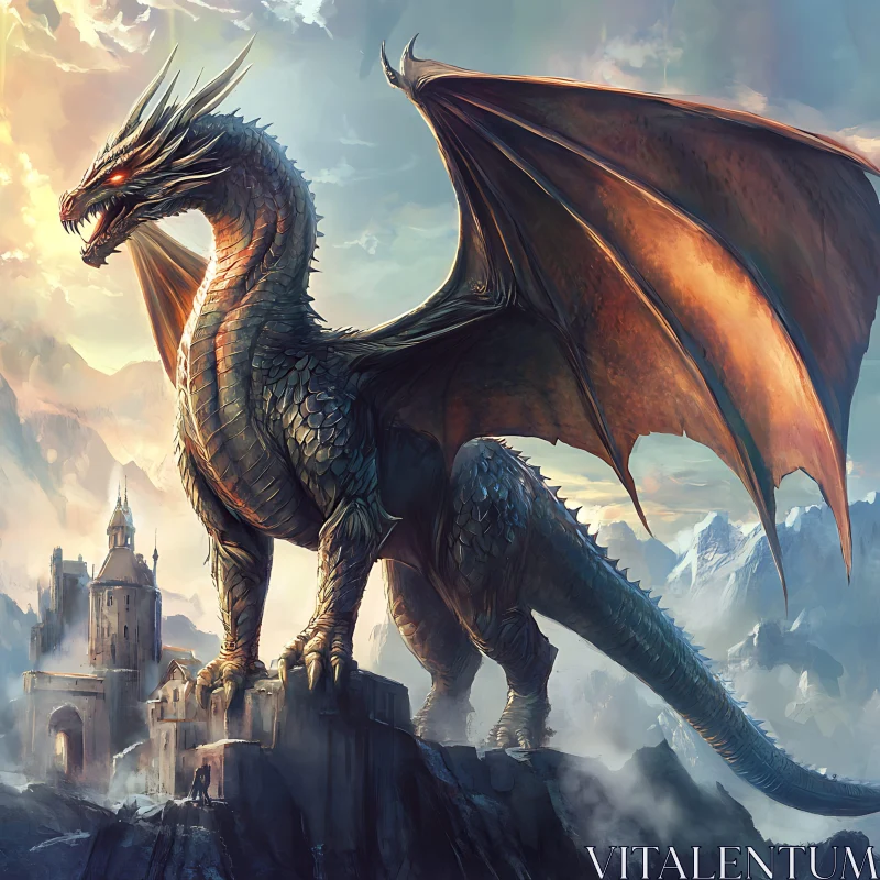 AI ART Fantasy Dragon Protecting Stone Fortress