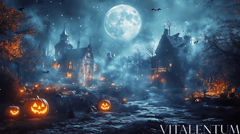 Spooky Halloween Night Scene with Jack-o'-lanterns AI Image