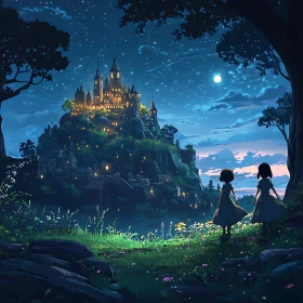 Girls Admiring Castle in Night Landscape