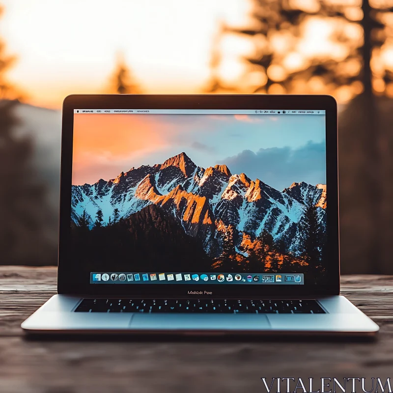 Tech Meets Nature: Laptop with Mountain Sunset AI Image