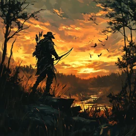 Sunset Silhouette: Hunter with Bow