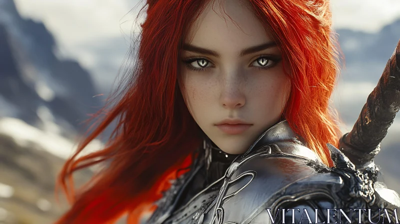 AI ART Red-Haired Warrior Woman in Silver Armor