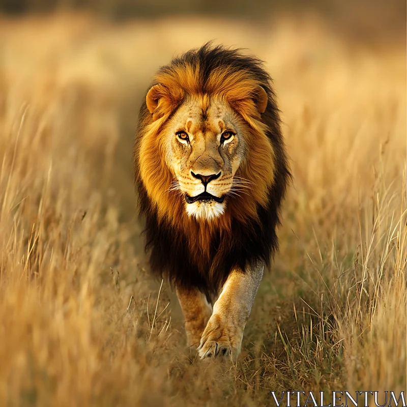 Lion Walking in Tall Grass AI Image