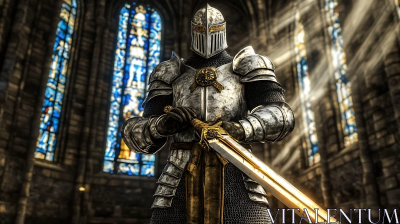 Armored Knight with Sword in Chapel AI Image