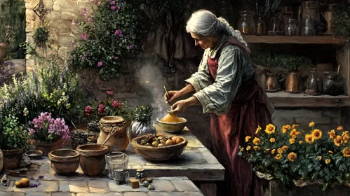 Rustic Kitchen Scene with Woman Cooking