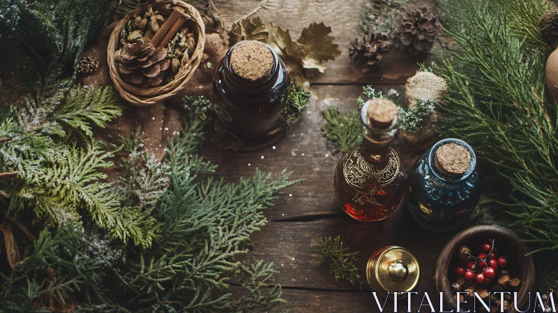 Rustic Christmas Still Life with Bottles AI Image