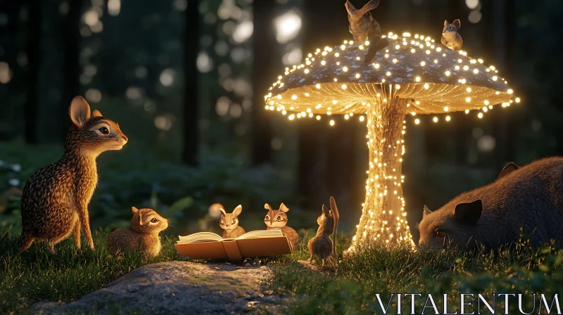 Glowing Mushroom Gathering in the Woods AI Image