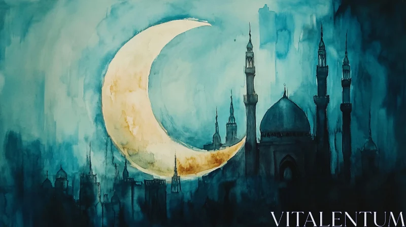 AI ART Mosque and Moon Watercolor Painting