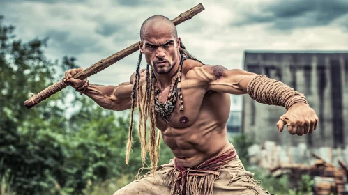 Muscular Man Ready for Battle with Staff