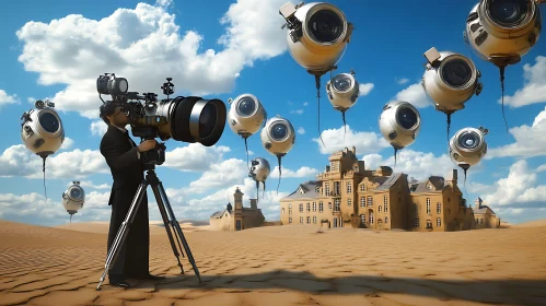 Floating Cameras in Desert Landscape