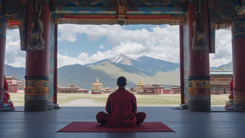 Meditative Monk with Mountain Backdrop