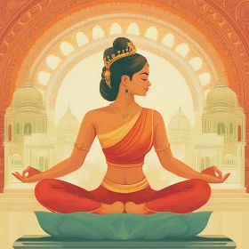 Meditative Woman on Lotus with Ornate Background