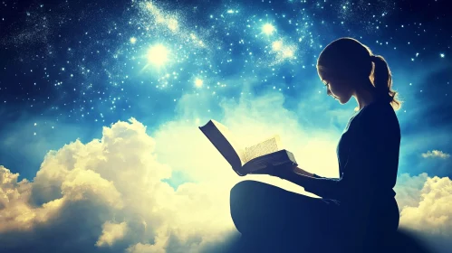 Celestial Reader: Woman Amidst Stars and Clouds