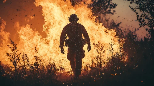 Firefighter in Silhouette Amidst Wildfire