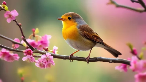 Bird on Branch with Pink Blossoms