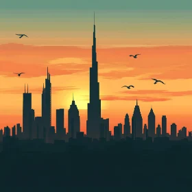 Cityscape Silhouette against Sunset Sky