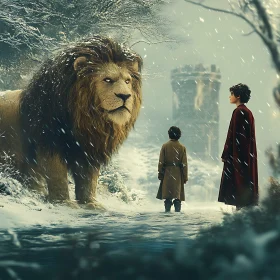 Children Meet Lion in Snowy Landscape