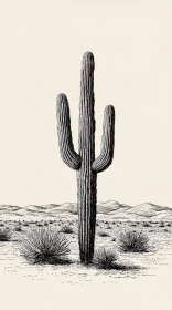 Monochrome Botanical Desert Scene with Cactus