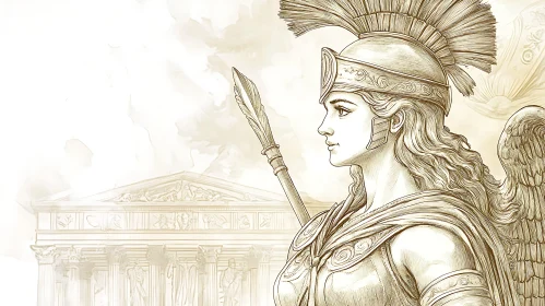 Sepia Drawing of Athena with Spear