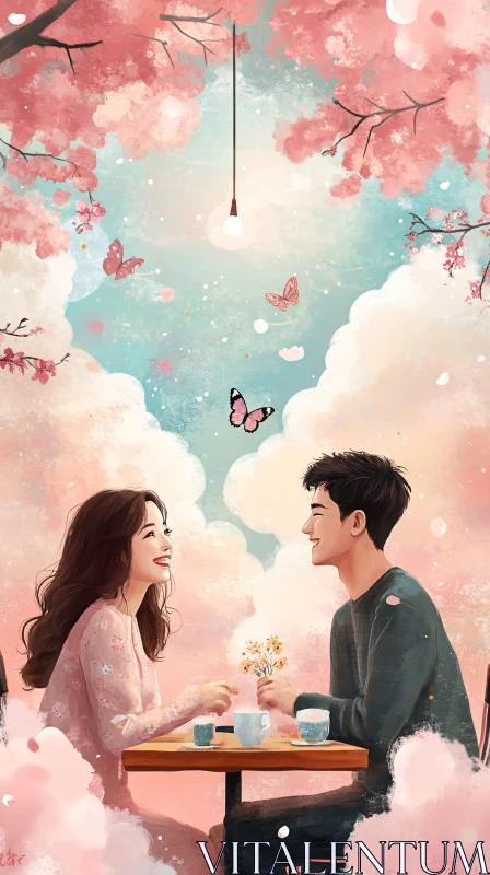 Couple's Romantic Date under Sakura Tree AI Image